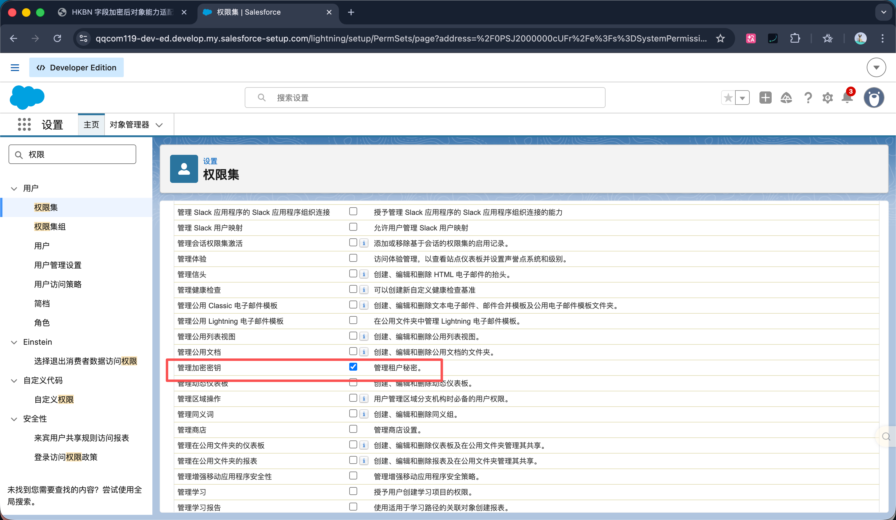 Salesforce 管理加密密钥权限